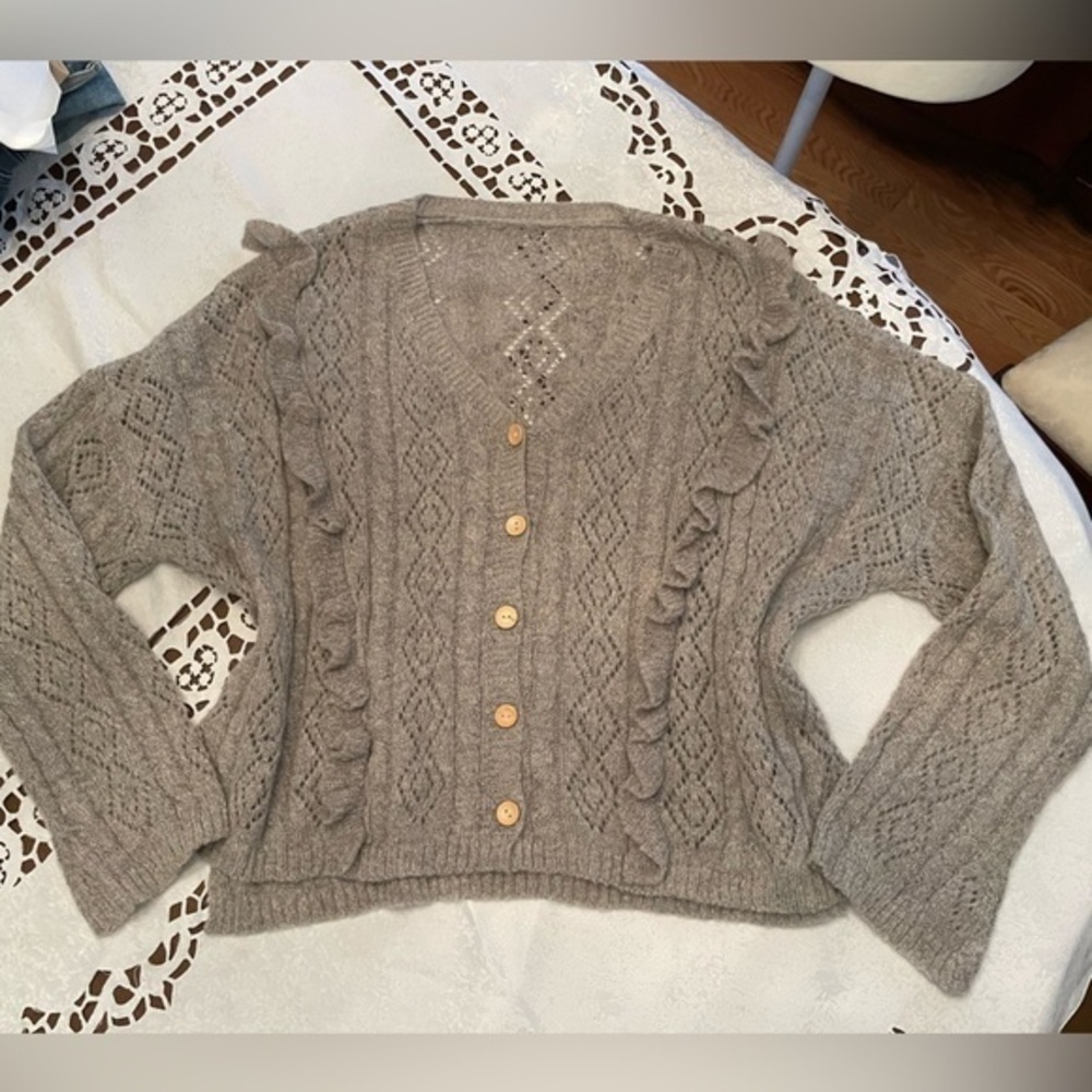 Greyish Taupe Knit Sweater With Ruffles & Wood Buttons - Picture 7 of 11